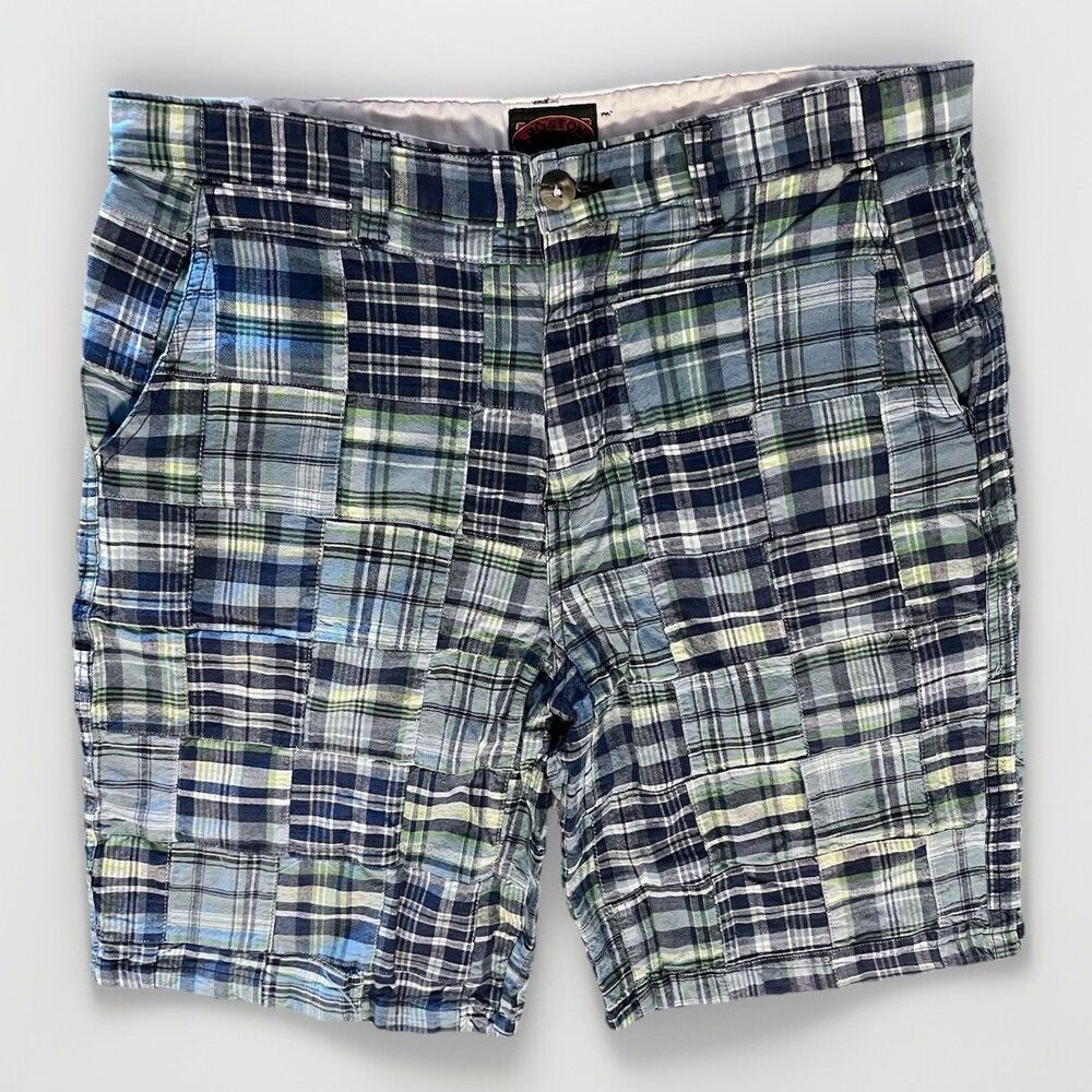VTG Boston Traders Cotton Madras Plaid Patchwork Golf Shorts Mens 34 Blue Green